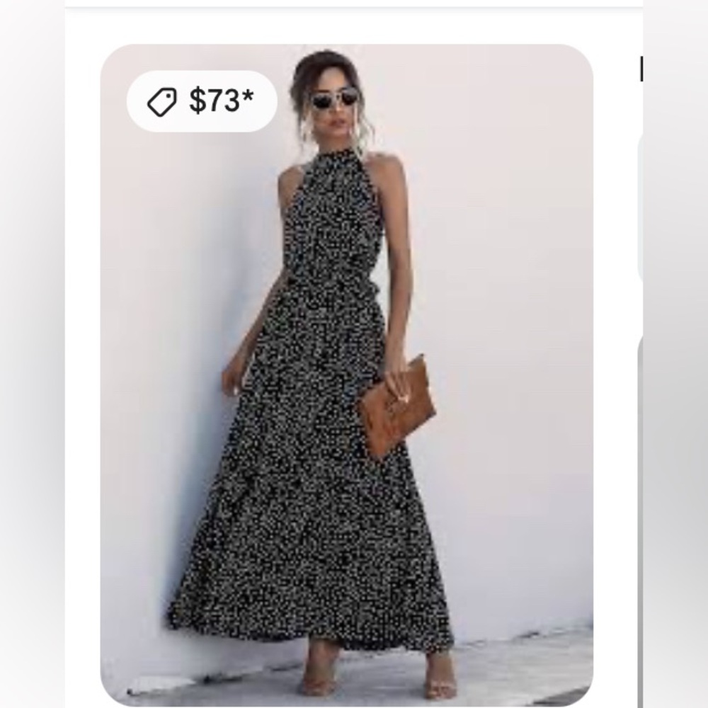 Women Self Tie Polka Dot Maxi Halter Dress black and white large